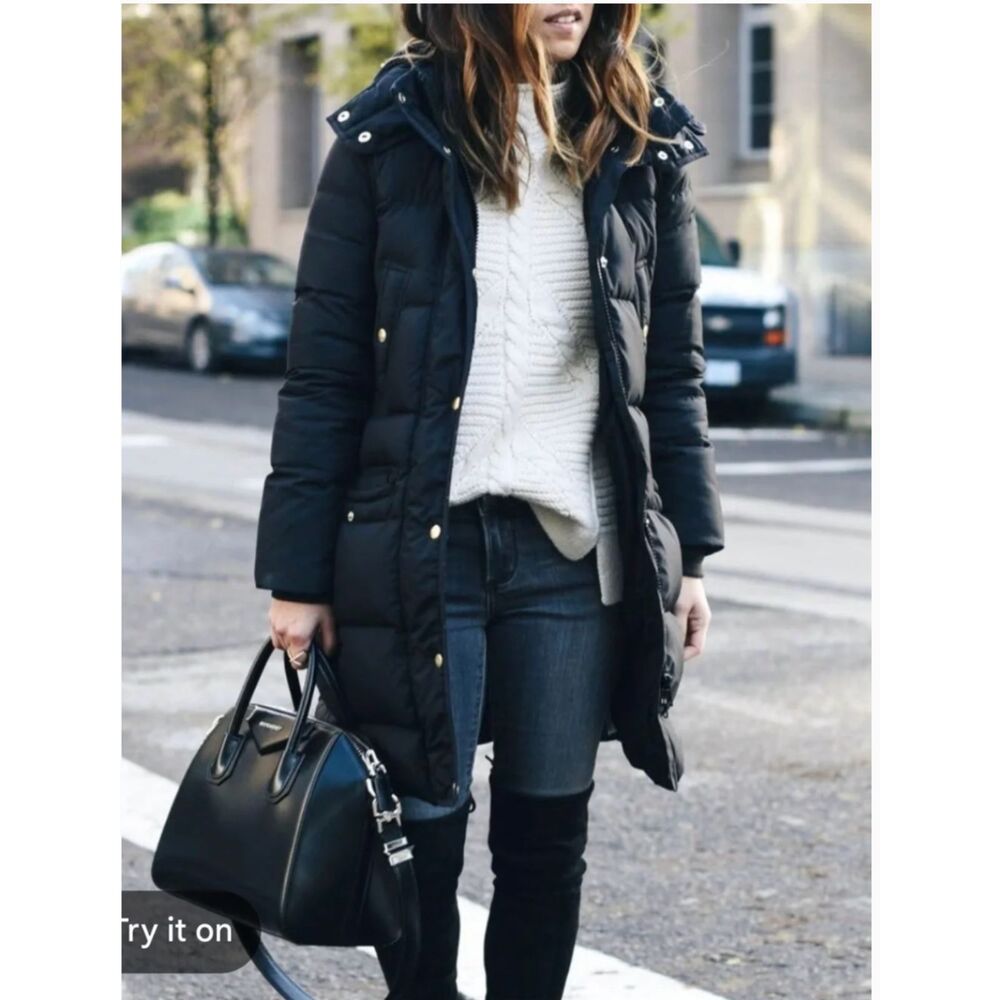 J.Crew Women’s XS Black Down Puffer Coat Hooded Mid Length Winter